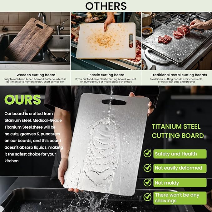 New Titanium Cutting Board - 100% Pure Titanium Cutting Boards For Kitche,Easy to clean, Double-sided food-grade Cutting Board For Meats, Fruits And Vegetables (13 * 9)