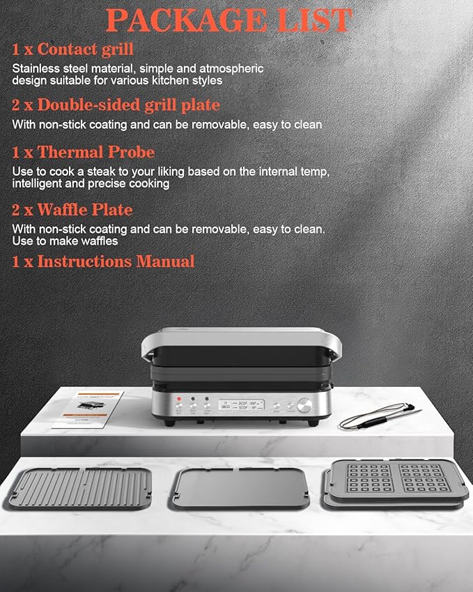 Panini Press Grill Sandwich Maker with Removable Plates, Cattleman Cuisine 6 in 1 Indoor Grill with Meat Thermometer, Electric Contact Grills for Kitchen, Stainless Steel, 1600W