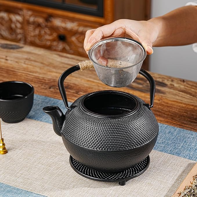 Sungmor Black Cast Iron Teapot, Japanese Tetsubin Tea Kettle for Loose Leaf, Durable Heat-Retaining Tea Set with Stainless Steel Infuser and Enameled Interior, 42 oz/1200 ml