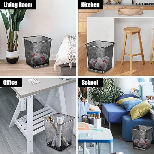 10-Pack Black Square Metal Trash Cans 6 Gallon,Mesh Office Trash Cans, Metal Wire Wastebaskets, Waste Basket Trash Can, Small Trash Can, Garbage Bin for Office, Home,School