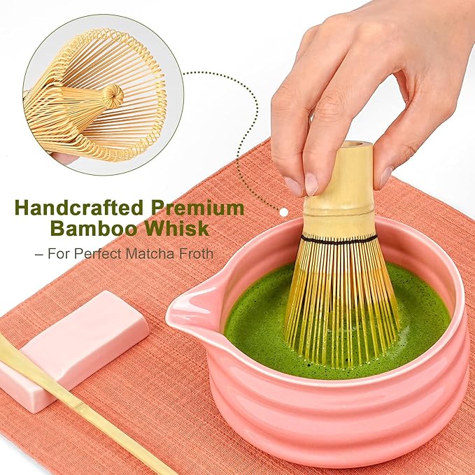 Matcha Whisk Set, 7Pcs Matcha Set - 18oz Matcha Bowl with Spout, Bamboo Matcha whisk & Ceramic Holder, Sifter/Scoop/Stand/Towel, Matcha Kit for Tea Lovers, Ideal Gift Set (Pink)