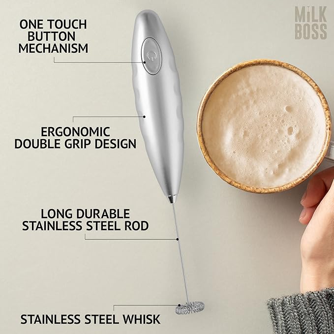 Milk Boss Matcha Whisk - Handheld Electric Stirrer - Matcha Frother Wand & Drink Mixer - Electric Whisk for Matcha Tea & Green Tea - Durable Stainless Steel Matcha Blender - Silver Comfortable Grip