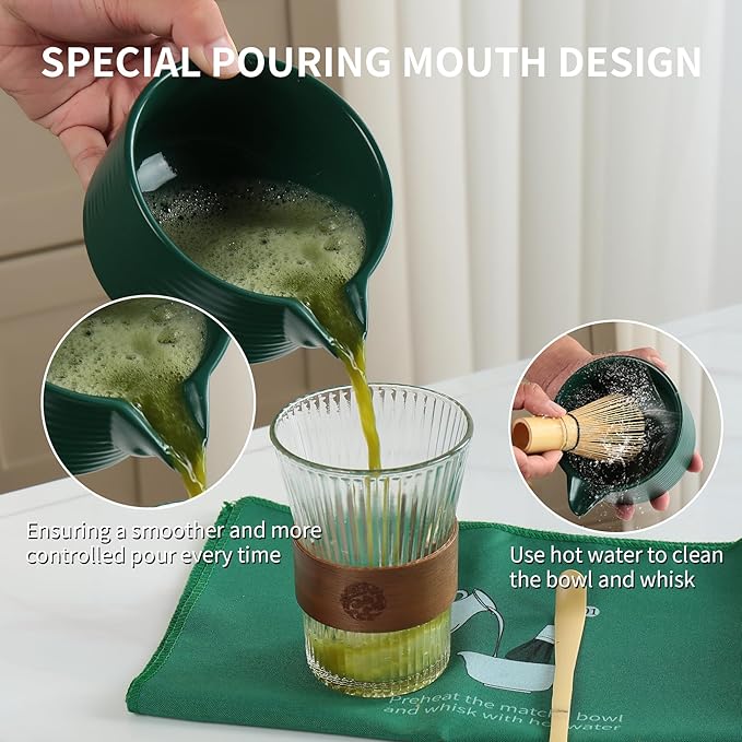 Matcha Sets, Japanese Matcha Kit with Dark Green Bowl, Bamboo Whisk for Matcha Tea, Ceramic Holder, Stainless Sifter & Scoop, Tea Towel, Traditional Matcha Tea Set for Ceremony, 7Pcs