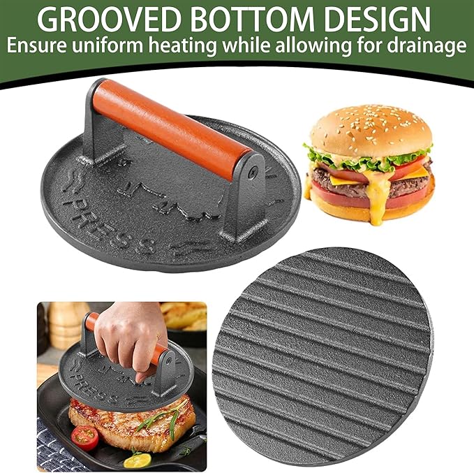 Burger Press 7.2 inch Round Professional Heavy Duty Cast Iron Hamburger Smasher Tool for Blackstone Griddle Grill,Smashburger, Bacon, Ground Beef Meat, Steak, Sausage, Sandwich Cooking