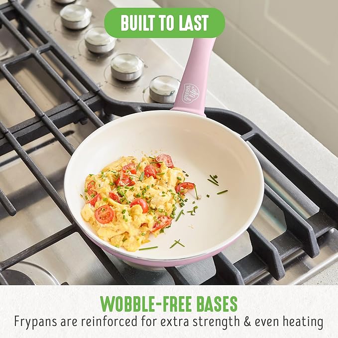 GreenLife 16 Piece Nonstick Cookware Set, Soft Grip Non-Toxic PFAS-Free Ceramic Pots & Pans, Dishwasher & Oven Safe, Frying, Sauce, Saute, Utensils, Glass Lids, Stay-Cool Handles, Wobble Free, Pink