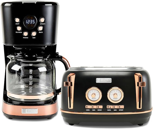 Haden Dorset 4 Slice Wide Slot Stainless Steel Toaster Bundled with 12 Cup Programmable Drip Coffee Maker Coffee Machine, Black & Copper