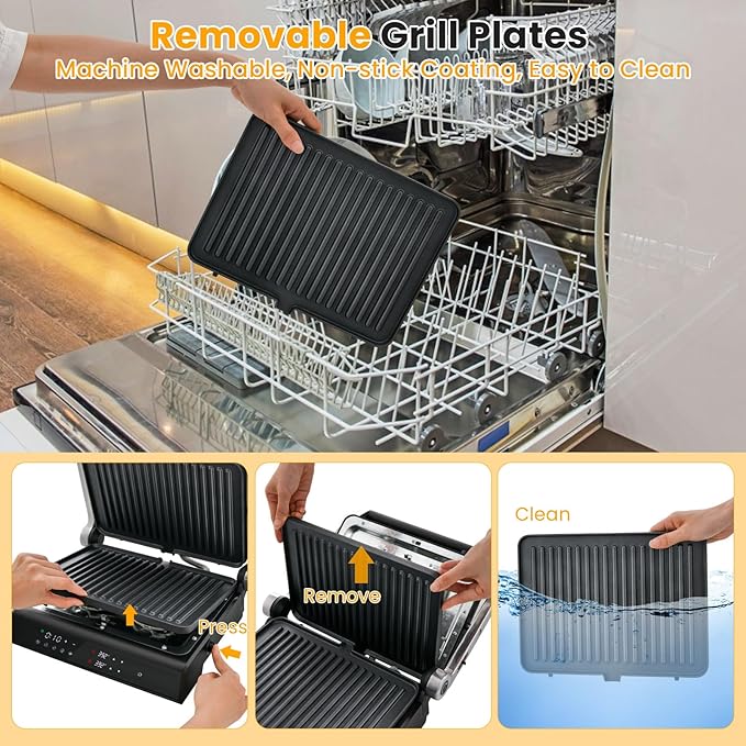 Panini Grill Press Sandwich Maker, 3 In 1 Sandwich Maker with Removable Plates & Led Display, 1200w Panini Press Machine for Toaster, Bread, BBQ, Vegetable