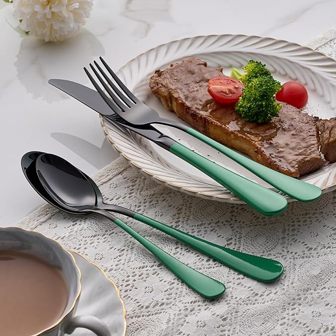 20-Piece Green Silverware Set - 18/0 Stainless Steel, Black Silverware Set With Green Handles - Dinner Knives, Forks, Spoons - Dishwasher Safe