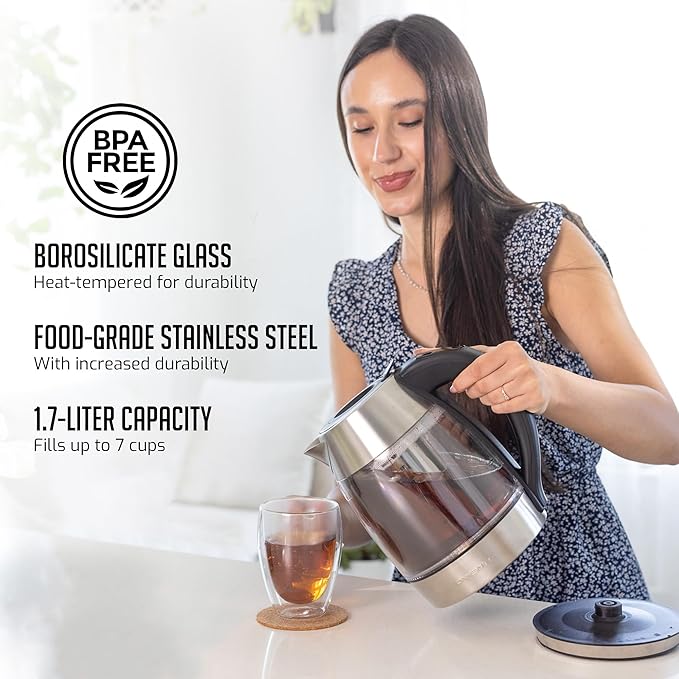 OVENTE Electric Kettle with Digital Temperature Control and Removable Tea Infuser, 1500W Water Heater, 1.7L Double-Wall Insulated Glass, Easy to Fill Lid, Keep Warm Function, and Auto Shut-Off, KD68S