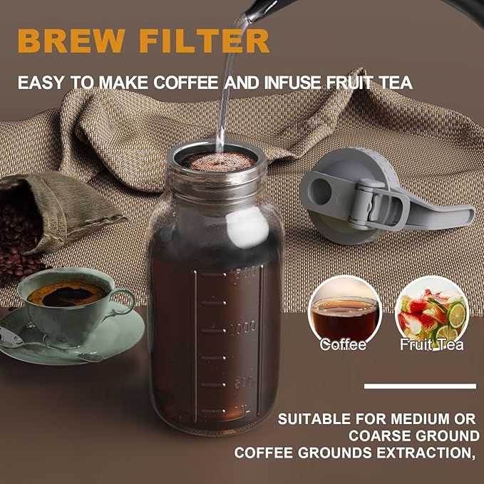 Cold Brew Coffee Maker Pitcher, 32 oz Thick Glass Mason Jar Spout Lid with Handle & Stainless Steel Filter for Iced Brew Coffee, Ice Lemonade, Sun Tea, Fruit Drinks Container