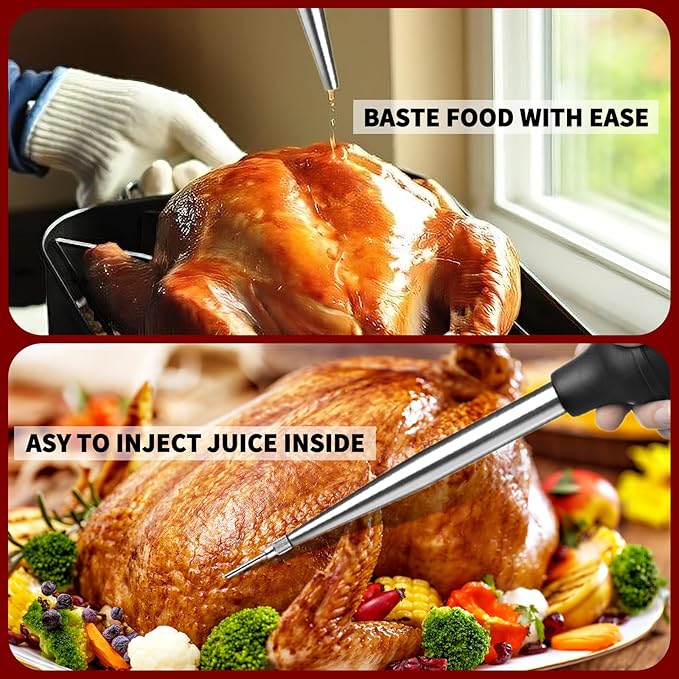 Turkey Baster With Cleaning Brush, Stainless Steel Baster Tool for Cooking-Baster Syringe for Roaster Turkey, Include 2 Meat Marinade Injector Needles for Thanksgiving