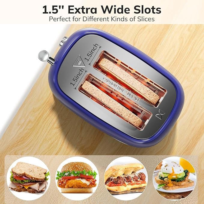 Keenstone Retro 2-Slice Stainless Steel Toaster - Bagel, Cancel, Defrost Functions, Extra Wide Slots, High Lift Lever, 6 Shade Settings, Removable Crumb Tray, Dark Blue