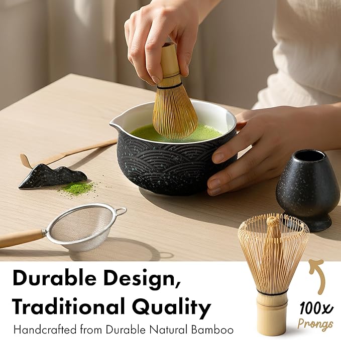 Matcha Kit Whisk Set (7 Pcs) - Complete Matcha Set, Matcha Bowl with with Bowl, Whisk and Holder, Bamboo Spoon/Scoop, Scoop Rester and Sifter incl. Booklet