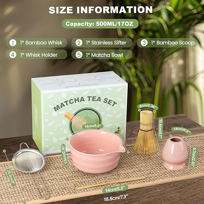 Matcha Set,5 Pcs Matcha Whisk Set Includes Bowl with Spout, Whisk,Holder,Bamboo Scoop and Sifter- Matcha Kit for Making Breakfast/Latte,Gift for Lovers（Pink）