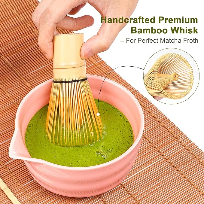 Matcha Whisk Set - 5Pcs Japanese Tea Set Includes Ceramic Matcha Bowl with Spout, Bamboo Whisk with Holder, Scoop and Sifter, Essential Matcha Kit for Tea Ceremony, Gift for Beginners (Pink)