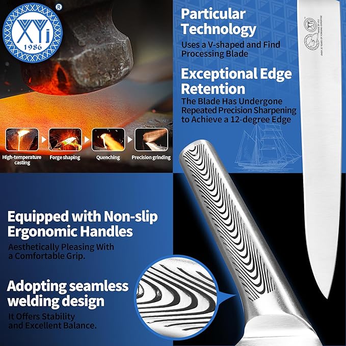 XYJ Kitchen Knife Set with Bag, Sharpening Stick, Gloves, Scissors, Stainless Steel Paring Steak Slicing Carving Santoku Bread Chef Knife Kit, Vegetable Slicer Peeler, Meat Fork, Ergonomic Handle