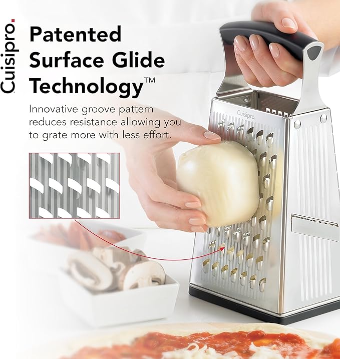 Cuisipro Stainless Steel Cheese Grater with Handle, 4 Sided Box Grater for Kitchen, Ginger Grater Dishwasher Safe, Fruit and Vegetables Slicer, Cheese Shredder for Potato, Chocolate, Parmesan, Ginger