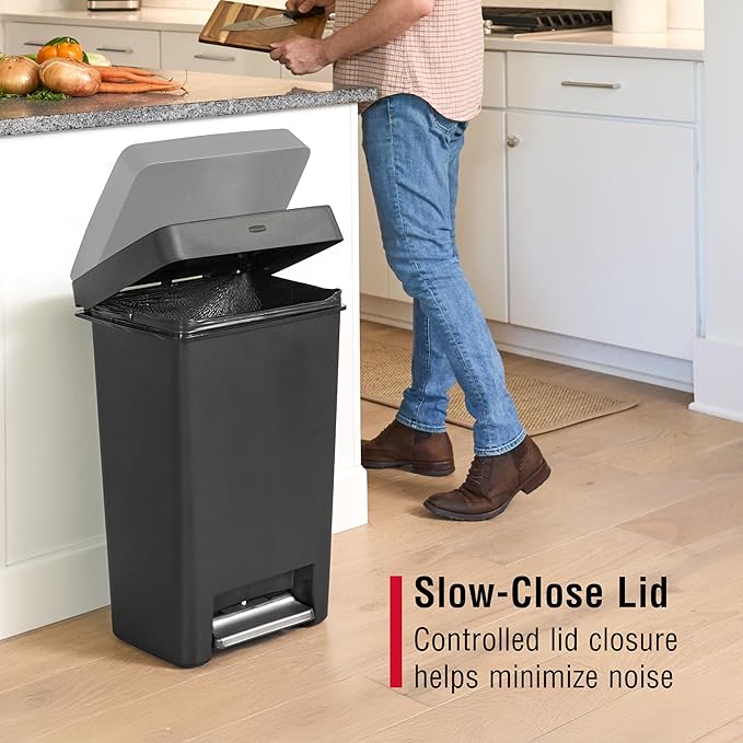 Rubbermaid Step-On Kitchen Trash Can with Lid, 12.4 Gallon, Black, Garbage Container for Home/Kitchen/Apartment/Garage