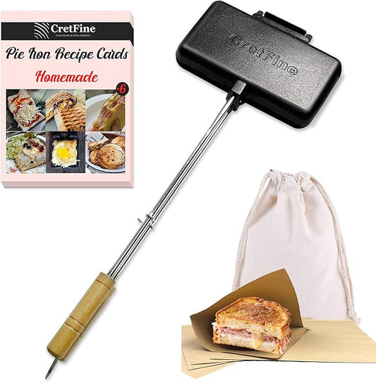 Double Pie Maker Cast Iron Sandwich Press Pans for Camping with Storage Bag and Recipes, Camp Cooker Campfire Cooking Equipment for Pies, Sandwiches, Steak, Hot dogs