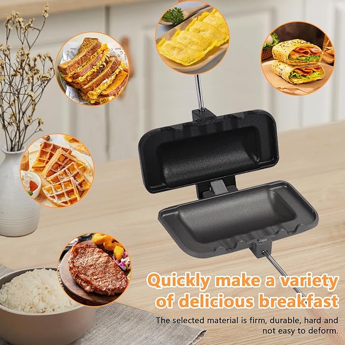 Qivine Hot Sandwich Maker, 4w1h Sandwich Maker Double Sided Pie Iron Non-Stick Cast Iron Sandwich Maker Panini Press Pan With Removable Handles For Breakfast Pancakes, Toast, Omelets (Type A)