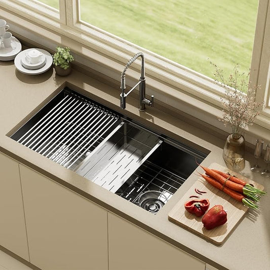 33 Inch Undermount Black Stainless Steel Kitchen Sink,33x19x9 Inch Deep Single Bowl Kitchen Sinks,16 Gauge Workstation KitchenSink, Modern Undermount Kitchen Sink with Ledge and Accessories