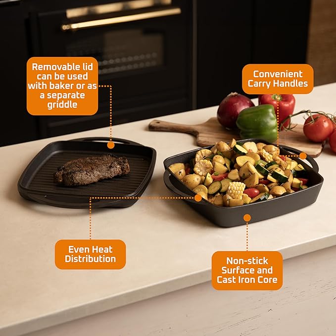 Bruntmor 2-in-1 Pre-Seasoned Cast Iron Dutch Oven and Grill Pan with Dual Handles - 11-Inch Non Stick Square Casserole Dish with Lid - Cast Iron Cookware for Braising, Crock Pot and Oven Safe Skillet