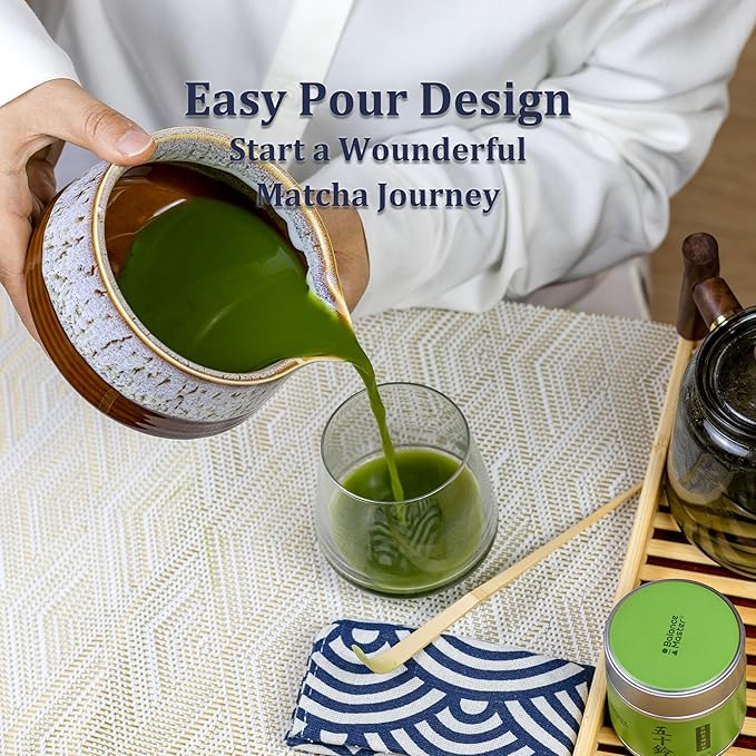 4 Pcs Matcha Whisk Set, Matcha Kit with Bamboo Whisk, Ceramic Spouted Matcha Bowl - Traditional Japanese Tea Set