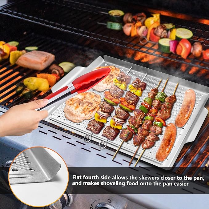 Vegetable Grill Basket, Nonstick Grill Topper for Outdoor Grilling, BBQ Grill Pan with Handles for Vegetable, Fish, Meat, Seafood (15x11IN)