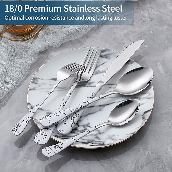 20-Piece Silverware Set with Stainless Steel Flatware - White Marbling Handle Cutlery - Dinner Knives, Forks, Spoons - Dishwasher Safe