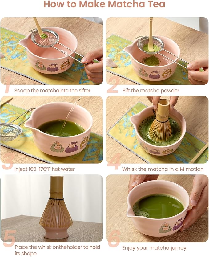 Matcha Whisk Set,7 Pcs Pink Matcha Kit with Ceramic Bowl,Bamboo Whisk & Holder,Scoop,Rest,Sifter and Tea Towel–Japanese Tea Set for Matcha Lovers