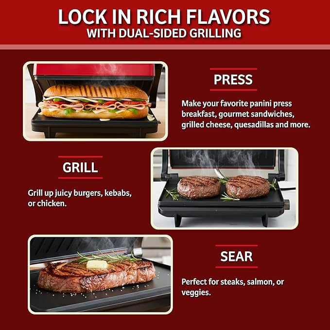 Panini Press - Sandwich Maker with Nonstick Plates - Indoor Countertop Grill for Cooking Burgers, Steak, Grilled Cheese, and More by Chef Buddy (Red)