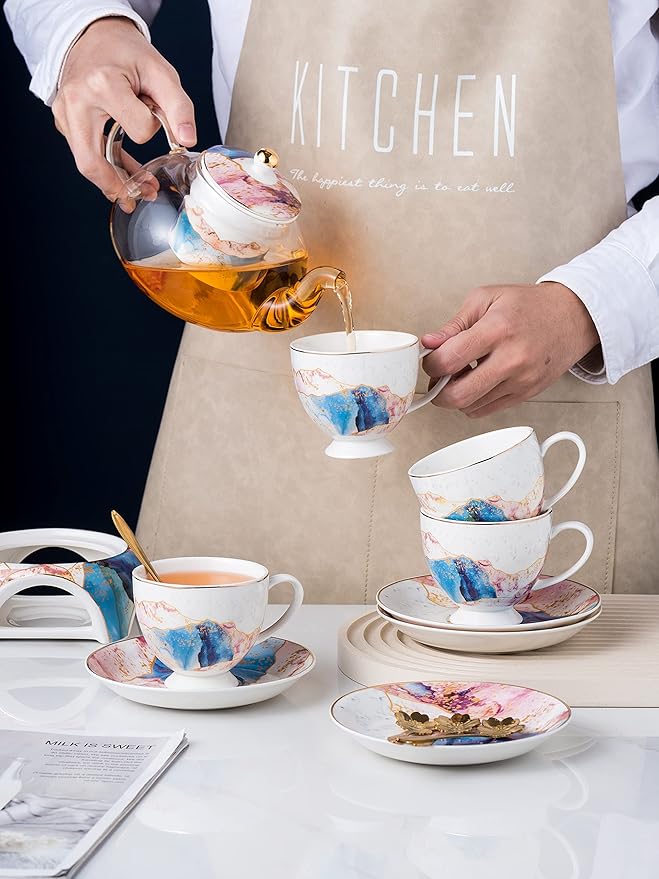 Jusalpha Fine China Rainbow Galaxy Series Glass Tea Pot with Infuser-Teapot Warmer Teacup and Saucer Set with Spoon in Gift Box- 16 pcs in 1 set, (FD Glass pot set 08)