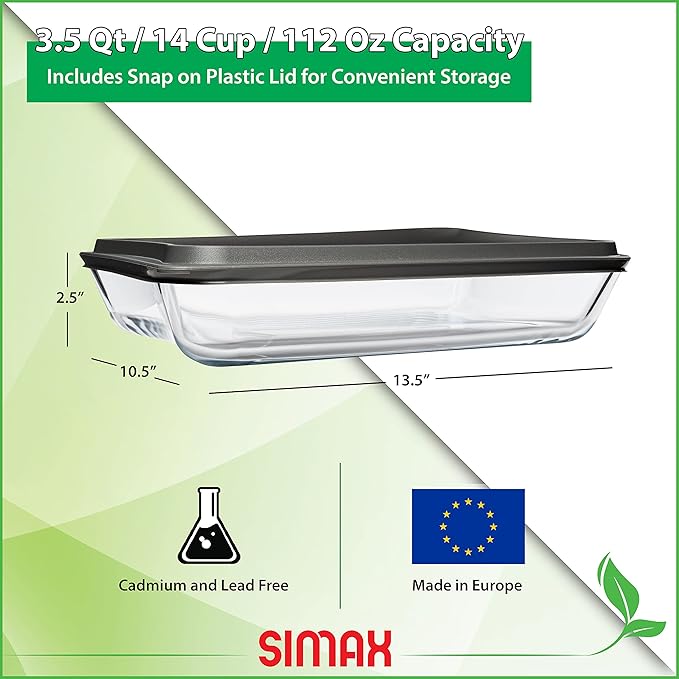 Simax Exclusive Clear Rectangular Glass Roaster | With Snap On Lid, Heat, Cold and Shock Proof, Made in Europe, 3.5 Quart