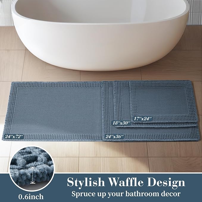 RESARE Waffle Bath Mat for Bathroom, Super Absorbent Bathroom Rugs Non Slip Machine Washable, Ultra Soft Quick Dry Boho Bath Rugs with Tassels for Floor, Upgraded Bordered Design, 24"x36" Blue