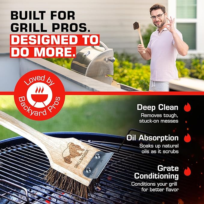 The Original Non Metal Grill Brush for Outdoor Gril | High Temp Heat Resistant BBQ Cleaning Brush | Long Lasting Wooden BBQ Cleaner with Scraper, Safe for Cast Iron Grates - Natural Wood