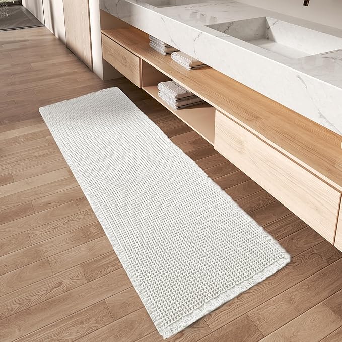 AMOAMI Upgraded Waffle Runner Rug Super Absorbent Non Slip Bath Mats for Bathroom Washable Boho Bathroom Runner Rug with Tassels, Ideal for Hallway Bedroom Laundry Room, White, 2' x 6'