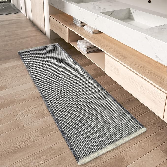 Upgraded Waffle Runner Rug Super Absorbent Non Slip Bath Mats for Bathroom Machine Washable Bathroom Runner Rug with Tassels, Ideal for Hallway Bedroom Laundry Room, 17" x 72", DarkGrey & Cream