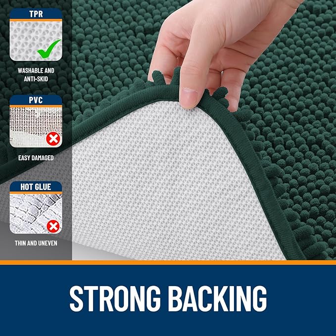 OLANLY Bathroom Rugs Sets 2 Piece, Soft Absorbent Chenille Bath Mats and U-Shaped Contour Toilet Mat Area Rug Set, Machine Washable Bath Carpet, Home Decor Accessories(36"x24"+24"x20", Blackish Green)