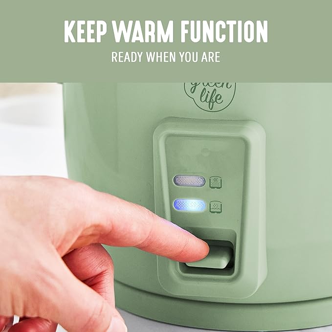 GreenLife Electric Rice Cooker, 3-Cups Uncooked/6-Cups Cooked, Removable PFAS-Free Nonstick Pot, One-Switch Design, Auto Keep Warm, Small Space Saving, Rice Paddle, Soup, Grains, Oatmeal, 1.5 QT, Green