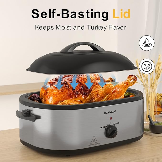 Roaster Oven 20 Quart, Electric Turkey Roaster Oven with Self-Basting Lid, Removable Pan and Rack, Full-Range Temperature, Powerful 1450W, Stainless Steel, Silver