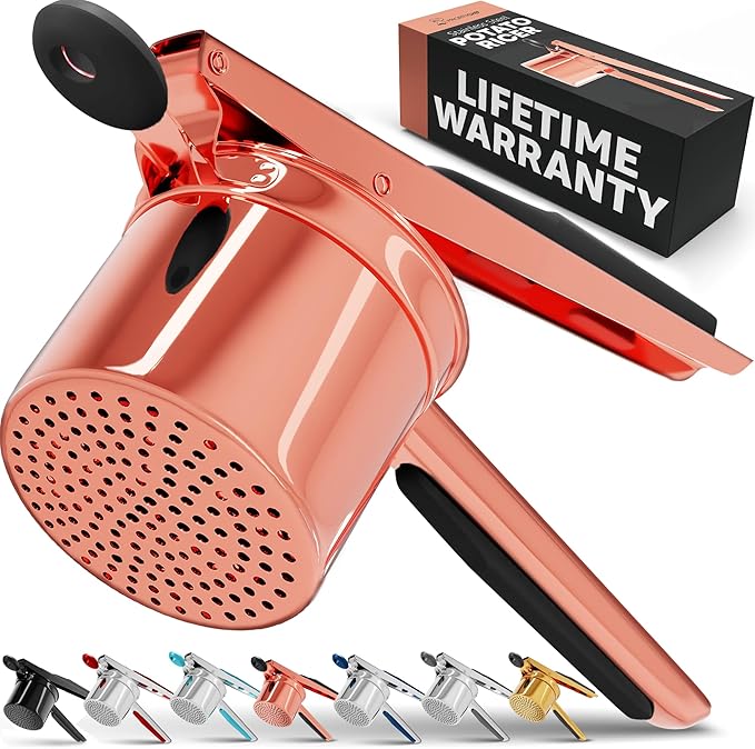 PriorityChef Large 15oz Potato Ricer, Heavy Duty Stainless Steel Potato Masher and Ricer Kitchen Tool, Press and Mash Kitchen Gadget For Perfect Mashed Potatoes - Everytime, Rose Gold and Black
