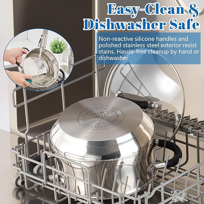 E-far Stainless Steel Stock Pot, 8 Quart Large Cooking Pot with Glass Lid for Boiling Pasta Soup Sauce, Tri-Ply Induction Thick Base for All Stoves, Cool-Touch Handles & Dishwasher Safe
