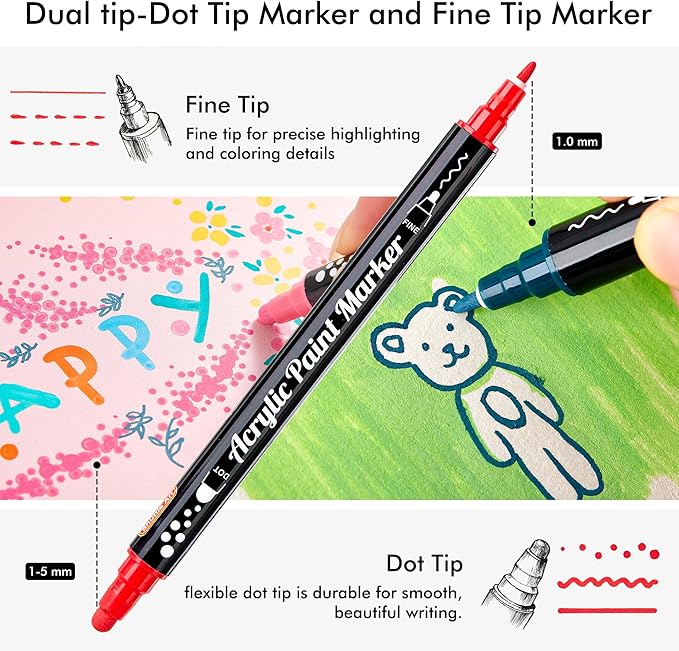 Shuttle Art 36 Colors Dual Tip Acrylic Paint Markers, Dot Tip and Fine Tip Acrylic Paint Pens for Rock Painting, Ceramic, Wood, Canvas, Plastic, Glass, Stone, Calligraphy, Card Making, DIY Crafts