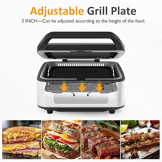 Electric Panini Press Sandwich Maker, 1300W Smokeless Indoor Grill with Removable Non-Stick Plates, Fan, Auto-Lift, Independent Upper Heating, Smart Time & Temperature Control, Silver