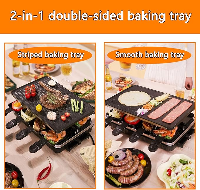 Korean BBQ Grill 2 in 1 Electric Griddle, Nonstick Electric Raclette Grill with 8 Raclette Pans, Adjustable Temperature 1300W,Reversible Smokeless for Indoor Family Party