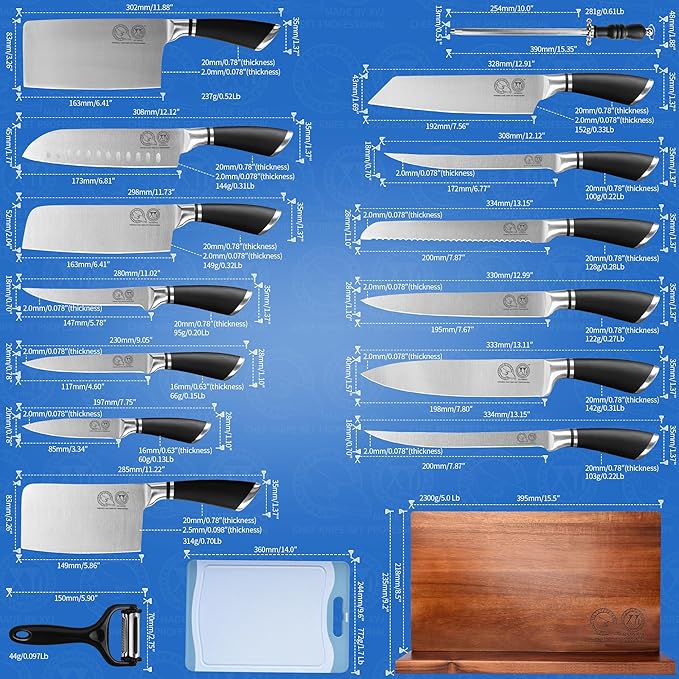 XYJ Knives,Professional Knife Sets for Master Chefs,13 Pcs Chef Knife Set with Magnetic Knife Block,Meat Cleaver Butcher for Camping