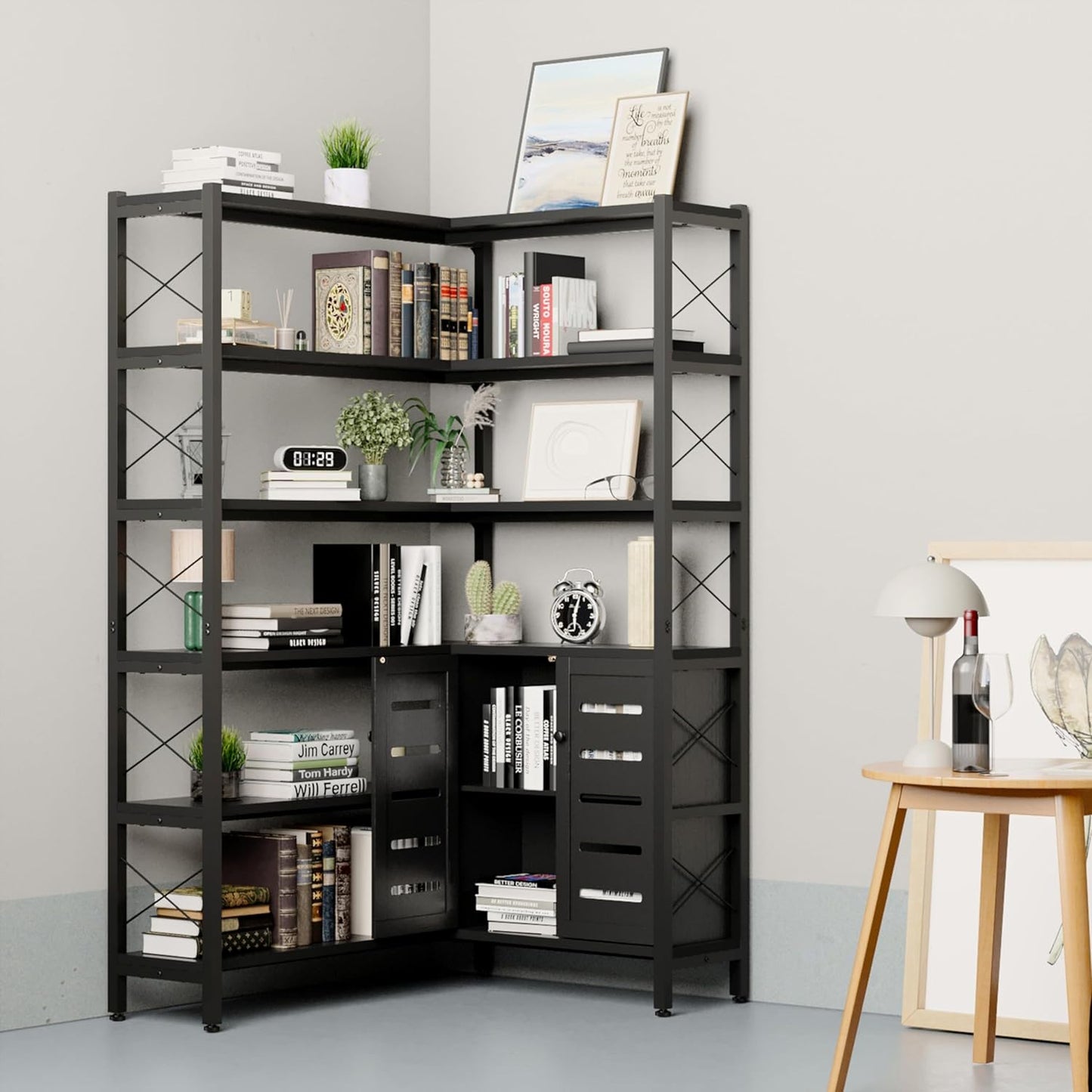Corner Bookshelves and Bookcases Industrial Corner Etagere Bookcase L Shaped Shelf 6 Tiers with Metal Frame for Living Room Home Office