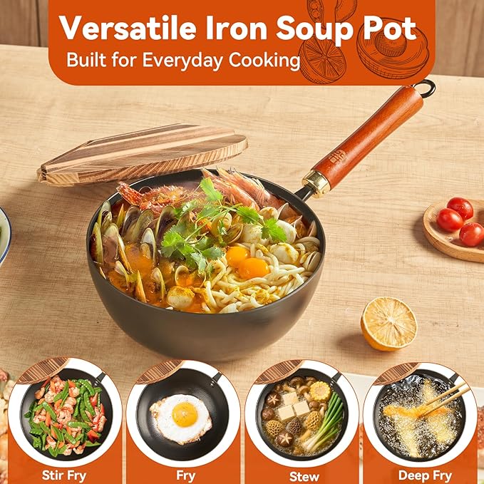 WANGYUANJI 8.7" Small Iron Wok with Solid Wood Lid & Wok Spatula, Deep Frying Pan/Pot, Flat-Bottom, Uncoated & Unseasoned, Induction/Gas/Electric Compatible, Wooden Handle, 2.2-QT