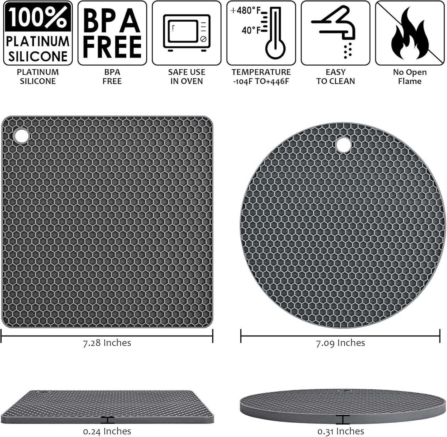 Silicone Trivets for Hot Dishes, Trivet Mat Hot Pads for Kitchen, Silicone Pot Holders for Kitchen, Trivets for Hot Pots and Pans, Heat Resistant Mats for Quartz Countertops, Set 4 Dark Gray