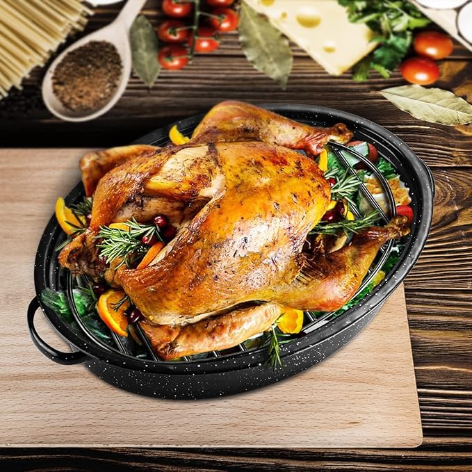 Roasting Rack, Black with Integrated Feet, Enamel Finished, Nonstick, fit for 15 inches oval roasting pan, safety, dishwasher, Great for Basting, Cooking, Drying, Cooling rack. (12.5”x 8.5”)